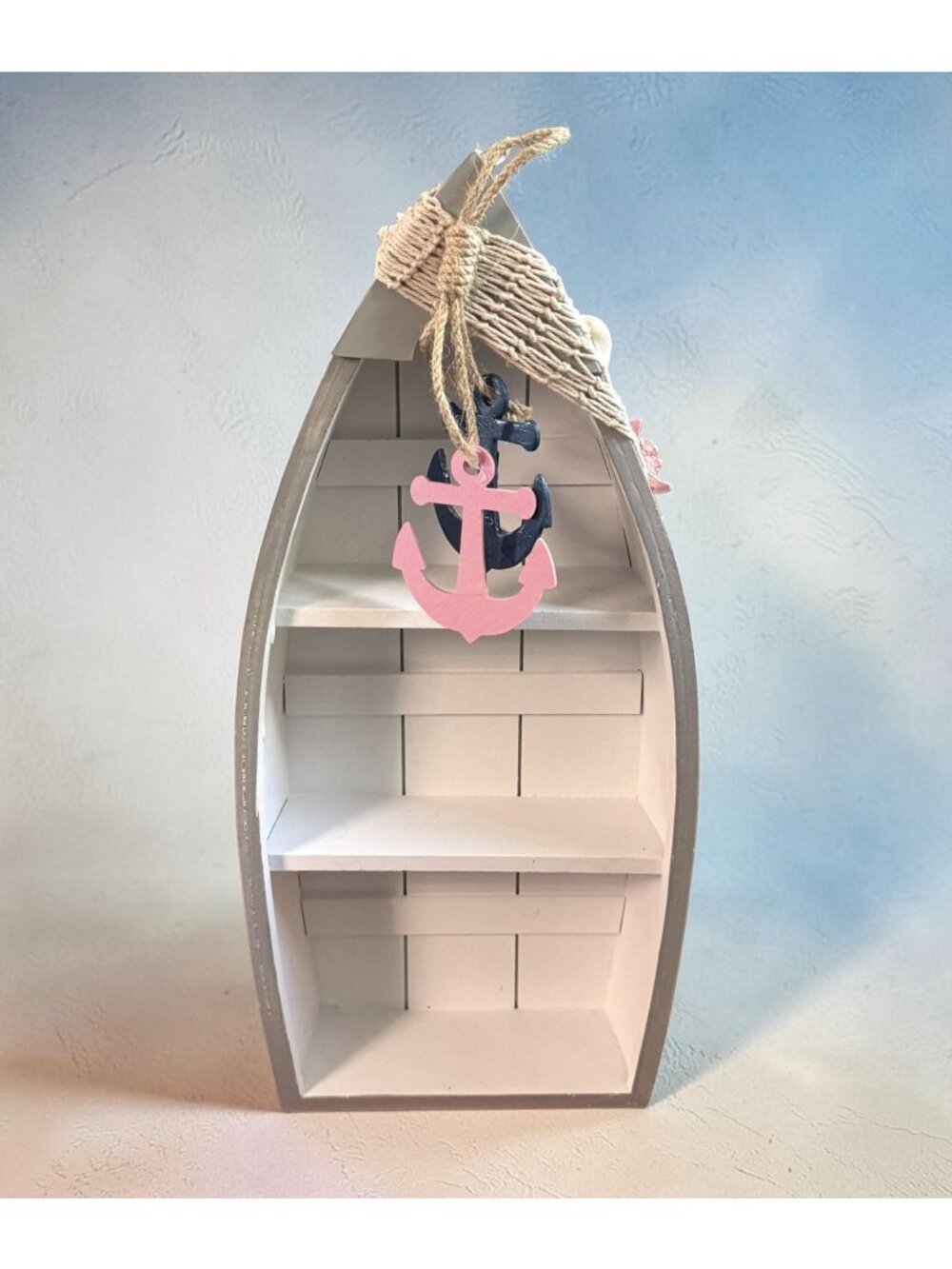 Nautical-Themed Wooden Boat Display Shelf With Anchors & Netting Decoration